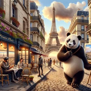 Panda Bear Strolling in Paris with Eiffel Tower View