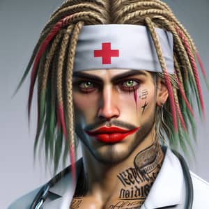 Realistic 30-Year-Old Muscular Hispanic Male in Eccentric Medical Attire