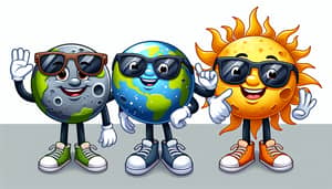 Vivid Cartoon Illustration of Earth, Moon, and Sun Characters