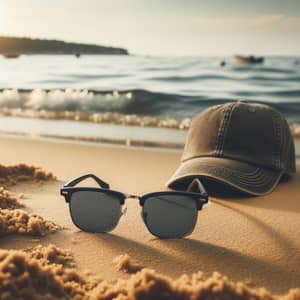 Men's Sunglasses on Sandy Beach Near the Sea