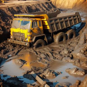 Bright Yellow Dump Truck Stuck in Muddy Terrain