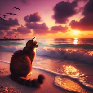 Serene Cat Watching Ocean Waves at Sunset