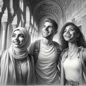 Fine Pencil Sketch of Three Friends Admiring Architectural Masterpiece