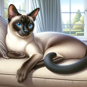 Beautiful Siamese Cat on Plush Sofa - Elegant Feline Relaxing