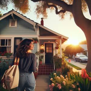 Young Hispanic Woman Stepping Out of Her Quaint House