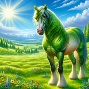 Powerful Green Horse in Verdant Meadows | Magnificent Scenery