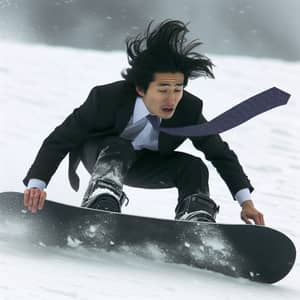 South Asian Banker Losing Control Snowboarding on Mountain Slope