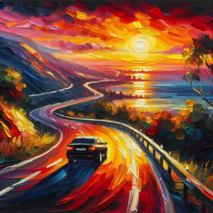 Vibrant Sunset Car Drive Oil Painting