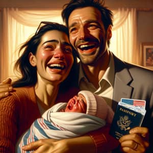 Happy Parents with Newborn Child: American Passport & Birth Certificate