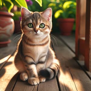 Tranquil Cat Enjoying Sun on Wooden Porch | Calm House Cat Photo