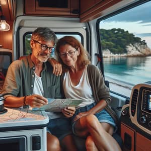 Tom and Ela, 50 Years Old with Glasses, Enjoying Ducato Motorhome at Italian Beach