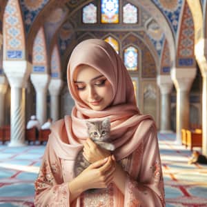 Middle-Eastern Woman in Baju Kurung Holding Kitten in Mosque