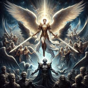 Celestial Archangel Descending to Confront Lucifer and His Malevolent Army