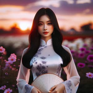 Tranquil Ao Dai Portrait in Flower Garden at Sunset