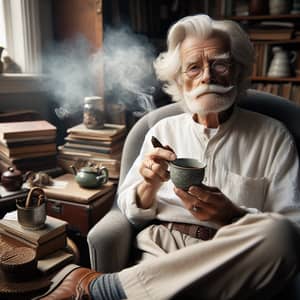 Wise South Asian Elder Enjoying Tea amidst Books and Curios