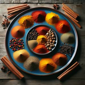 Colorful Spices on a Blue Plate: Aromatic Display