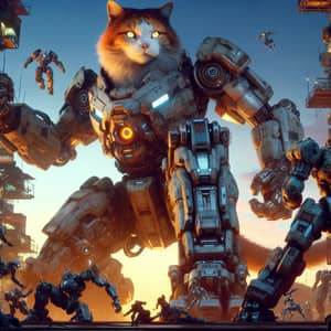 Robots vs Giant Cat: Epic Battle in Futuristic City