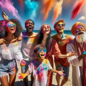 Vibrant Holi Beach Celebration with Diverse Participants