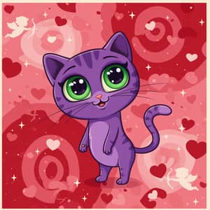 Cute Cartoon Purple Cat with Valentine Background