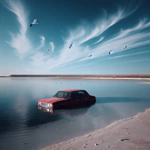 Red Car Submerged in Calm Sea | Deserted Beach Scene