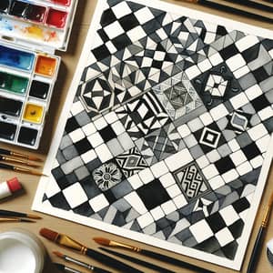 Watercolor Painting: Black & White Rhombus Floor Pattern