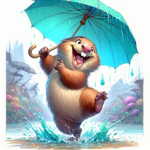 Soggy Wombat Dancing with Turquoise Umbrella | Vibrant Animated Scene