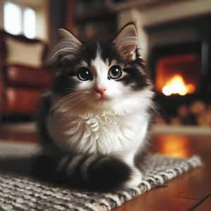 Salt and Pepper Domestic Cat with Bright Green Eyes | Cozy Living Room