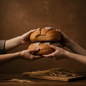 Exchange of Joy: Artful Bread Sharing Moment