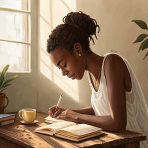 African American Model Writing in Warm Light