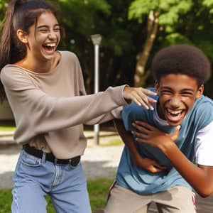 Teen Girl Playfully Tickles Boy in Park