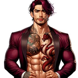 Powerful Hispanic Man with Dragon Tattoo in Maroon Tuxedo