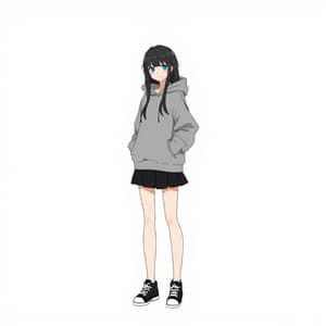 Anime Girl in Oversize Hoodie and Black Sneakers