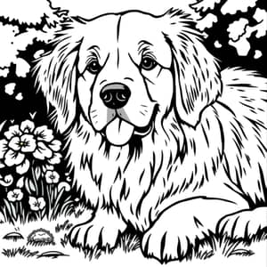 Cute Golden Retriever Coloring Page - Black & White