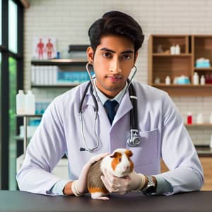 Expert South Asian Veterinarian Treating Calm Guinea Pig