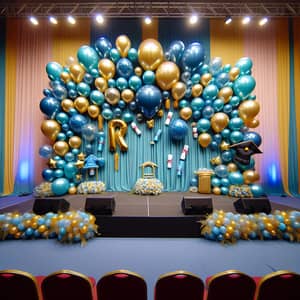 School Graduation Stage Decoration with Blue, Gold, and Turquoise Balloons