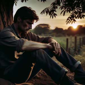 Deep Sorrow: Melancholic Scene of a Middle-Aged Man Under a Tree