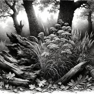 Intricate Ink Drawing of Autumn Oak Grove | Ivan Shishkin Style