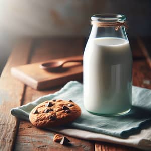 Fresh Creamy Milk and Chocolate Chip Cookie on Rustic Table