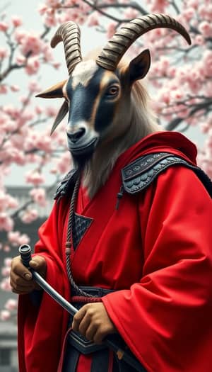 Fierce Samurai Goat in Cherry Blossom Setting