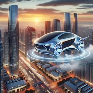 Futuristic Flying Car Soaring Over Cityscape