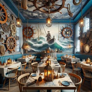 Nautical Themed Restaurant with Azure Hues and Antique Decor