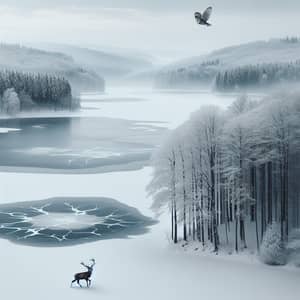 Tranquil Winter Landscape: Snow, Forest, Lake, Stag & Owl