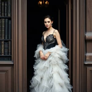 Elegant Edwardian Woman in Frothy Evening Gown