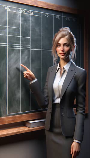 Realistic Caucasian Woman in Business Suit Pointing at Chalkboard