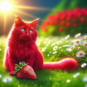 Whimsical Red Cat Enjoys Sunny Strawberry Field