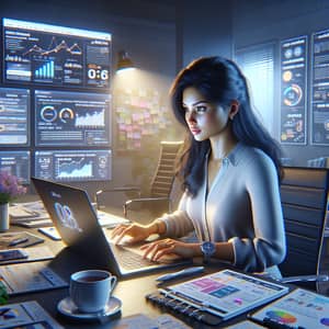 Hyper-Realistic South Asian Woman in Digital Marketing Scene