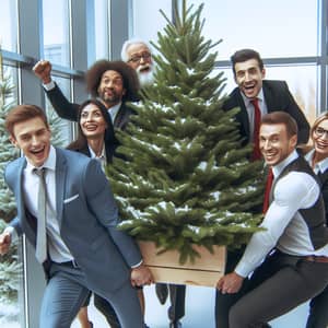 Diverse Administrators Transporting Christmas Tree | Office Fun