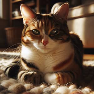 Beautiful Orange, White, and Black Cat on Woolen Rug