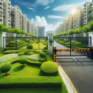 Residential Complex Courtyard with Secure Fence & Lush Greenery