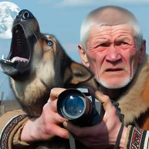 Udmurt Ethnicity Man with Dog gazing at the Daylit Moon